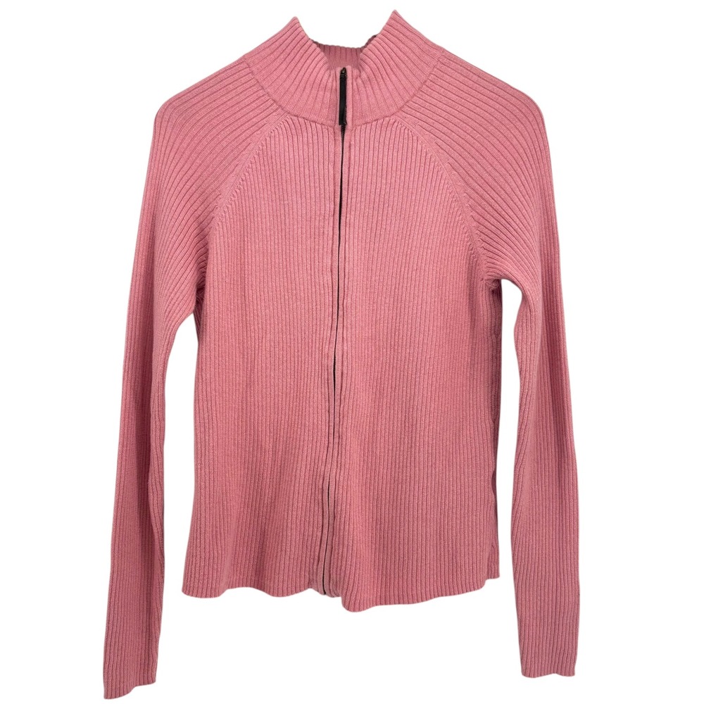 TEHAMA Nancy Haley Pink Ribbed Cotton Cashmere Blend Zip Mock Neck Sweater Top L